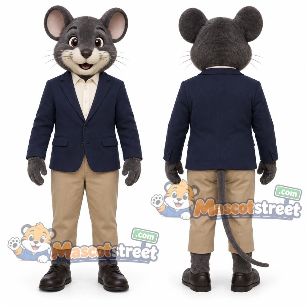 Gray Mouse Mascot Costume with Navy Blazer and Tan Trousers