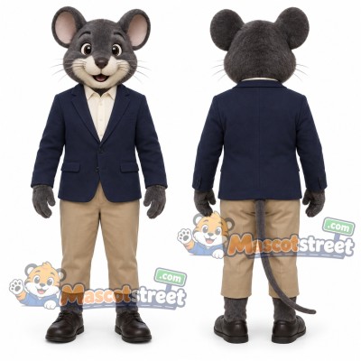 Gray Mouse Mascot Costume with Navy Blazer and Tan Trousers