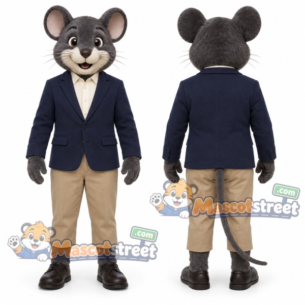 Gray Mouse Mascot Costume with Navy Blazer and Tan Trousers