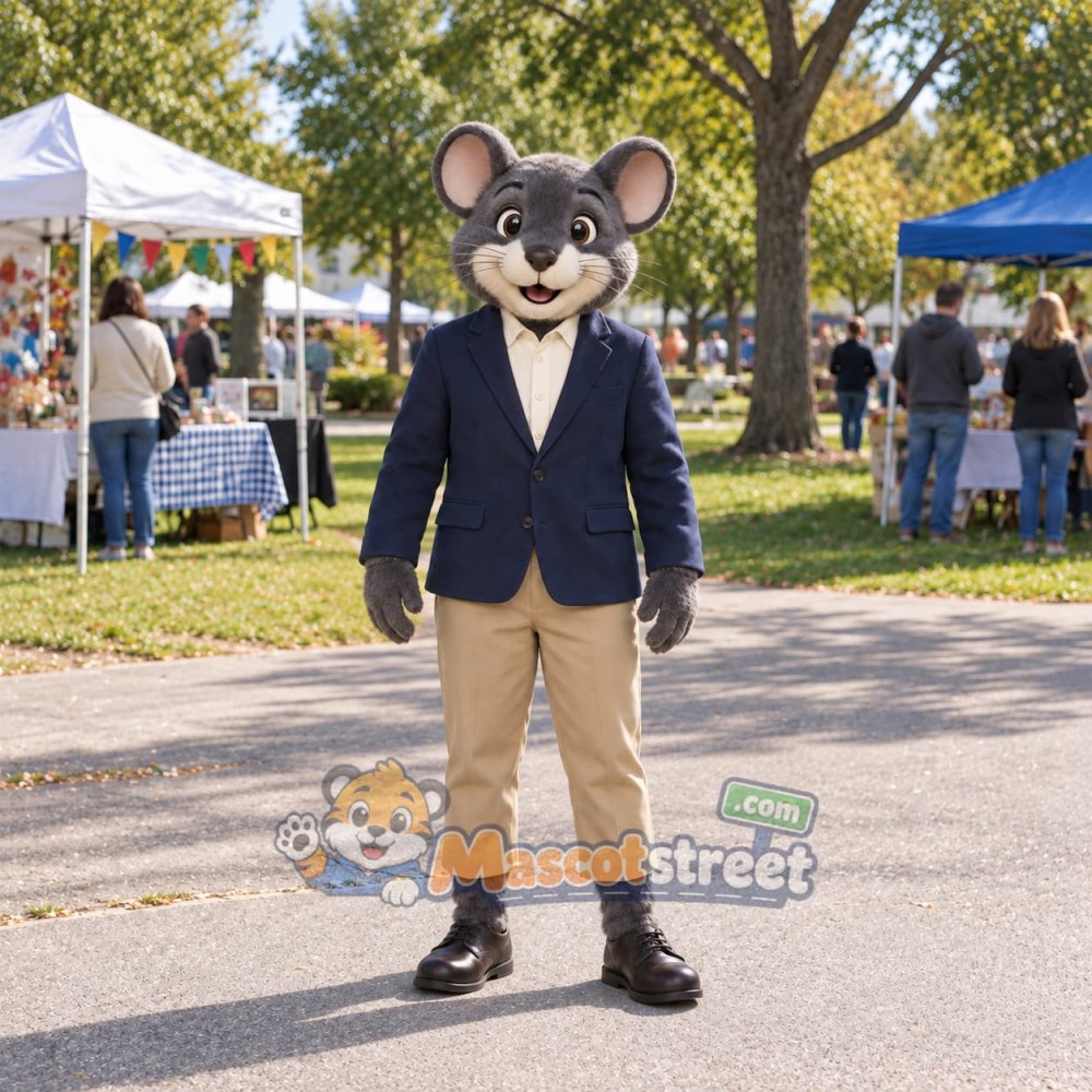 Gray Mouse Mascot Costume with Navy Blazer and Tan Trousers