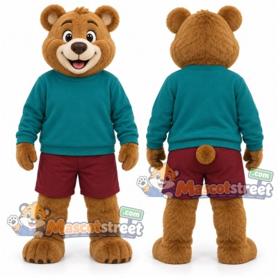 Brown Bear Mascot Costume with Teal Sweater and Burgundy Shorts Brown Bear Mascot Costume with Teal Sweater and Burgundy Shorts