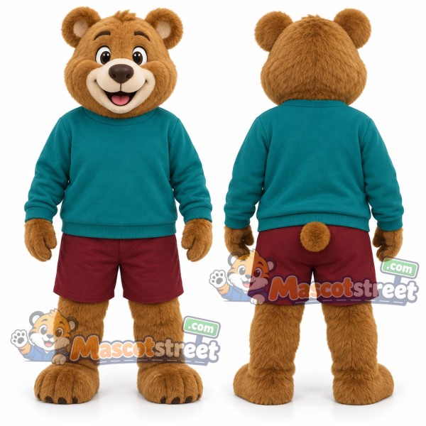 Brown Bear Mascot Costume with Teal Sweater and Burgundy Shorts