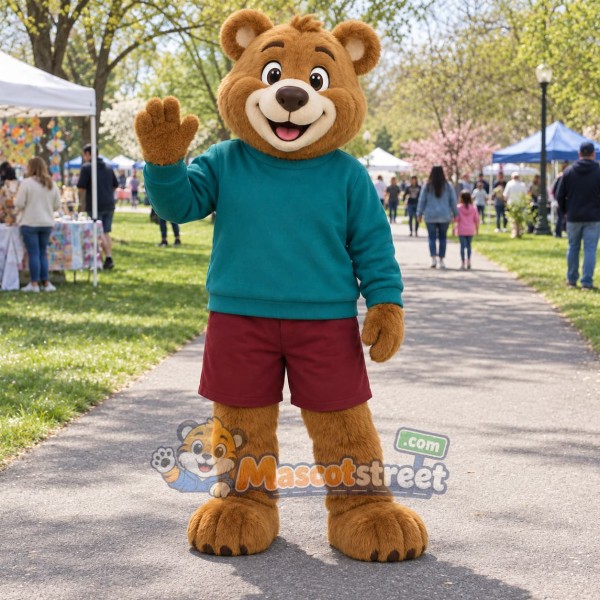 Brown Bear Mascot Costume with Teal Sweater and Burgundy Shorts