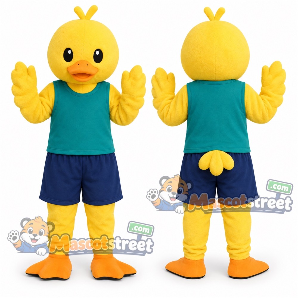 Yellow Duck Mascot Costume with Teal Vest and Navy Shorts