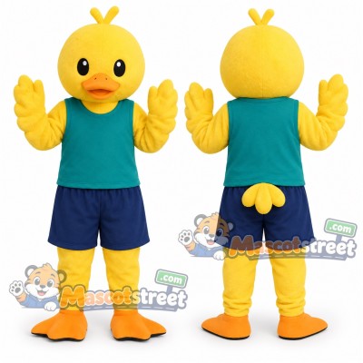 Yellow Duck Mascot Costume with Teal Vest and Navy Shorts