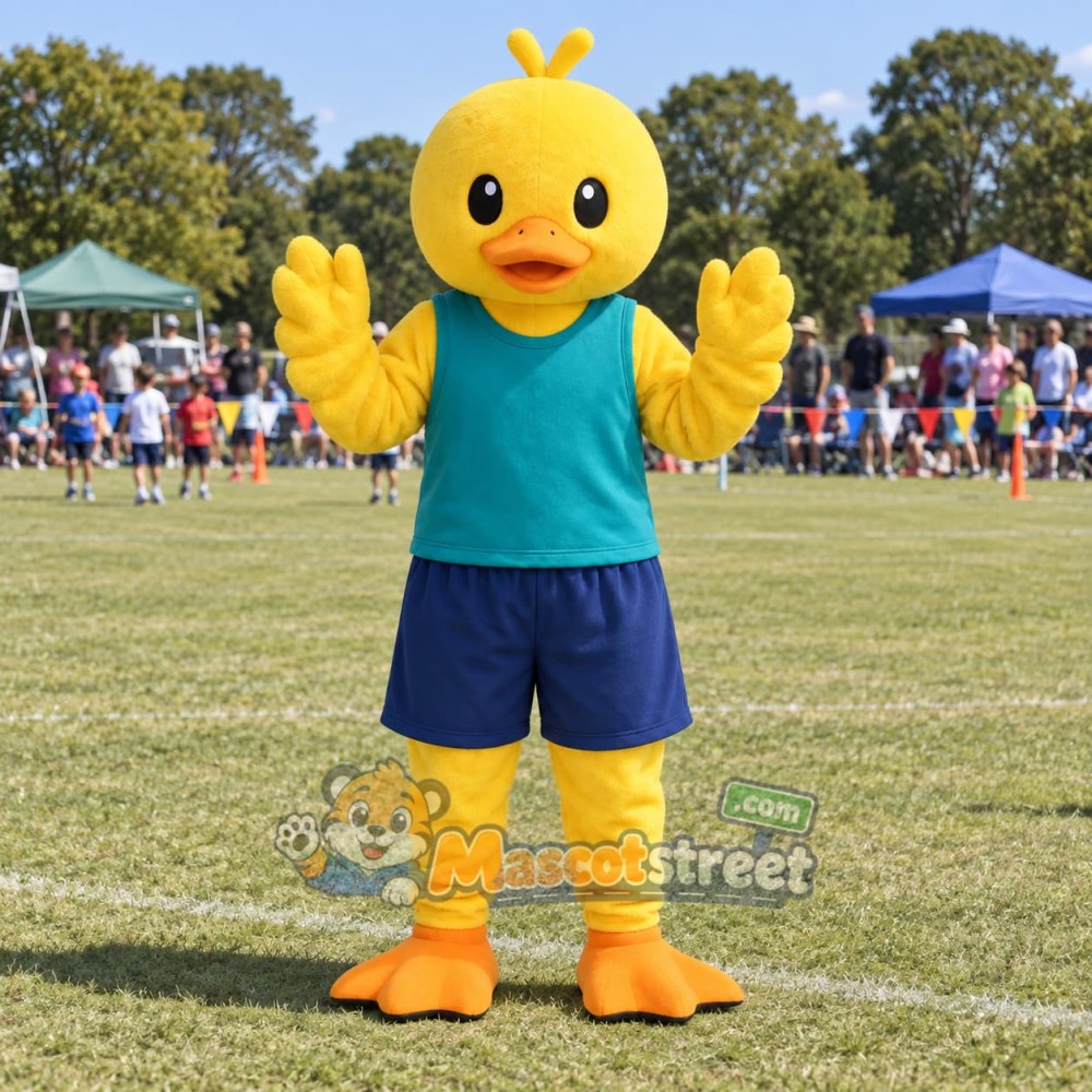 Yellow Duck Mascot Costume with Teal Vest and Navy Shorts