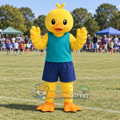 Yellow Duck Mascot Costume with Teal Vest and Navy Shorts