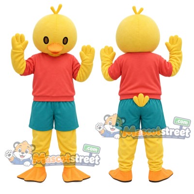 Yellow Duck Mascot Costume with Red Shirt and Teal Shorts