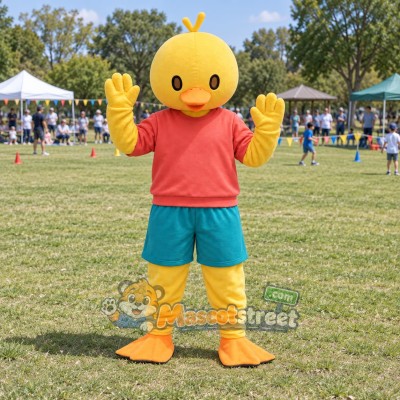 Yellow Duck Mascot Costume with Red Shirt and Teal Shorts