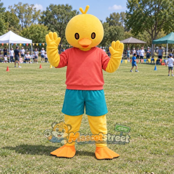 Yellow Duck Mascot Costume with Red Shirt and Teal Shorts