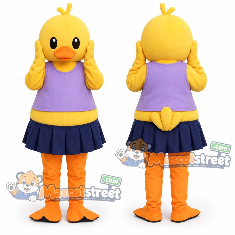 Yellow Duck Mascot Costume with Lavender Vest and Navy Skirt
