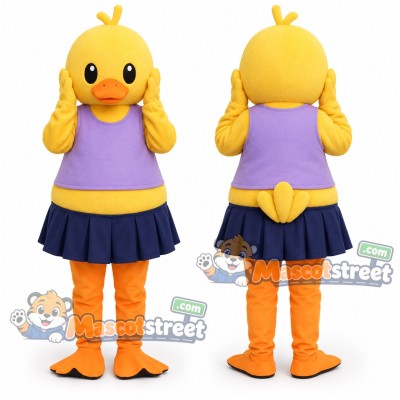 Yellow Duck Mascot Costume with Lavender Vest and Navy Skirt