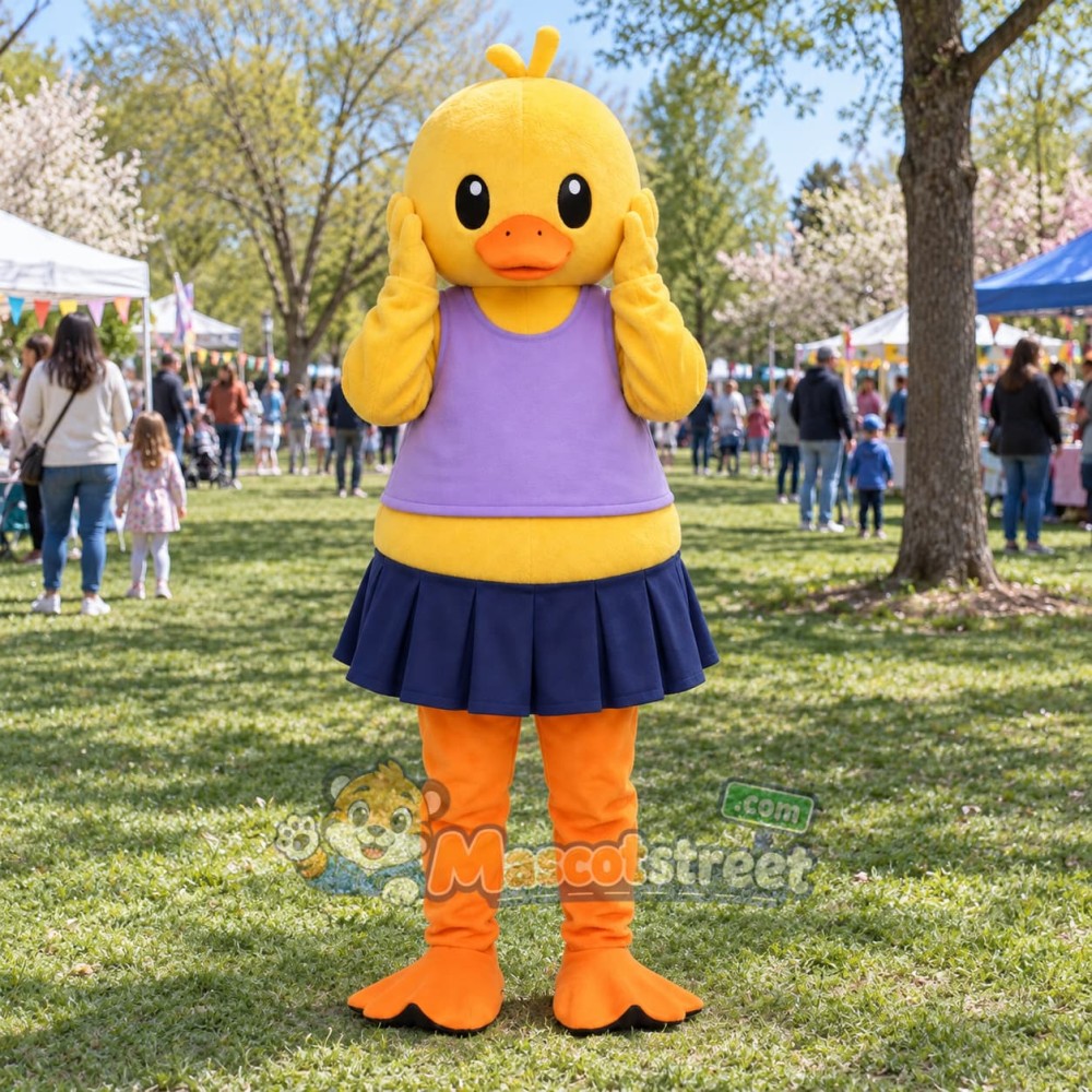 Yellow Duck Mascot Costume with Lavender Vest and Navy Skirt
