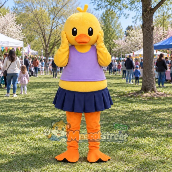 Yellow Duck Mascot Costume with Lavender Vest and Navy Skirt
