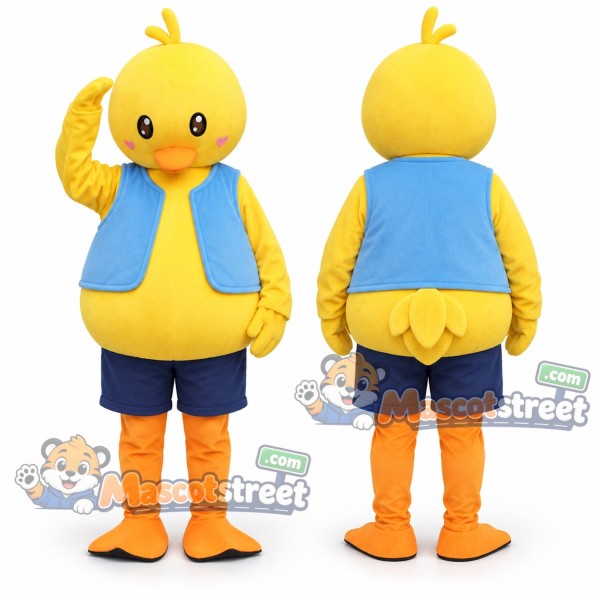 Yellow Duck Mascot Costume with Blue Vest and Navy Shorts