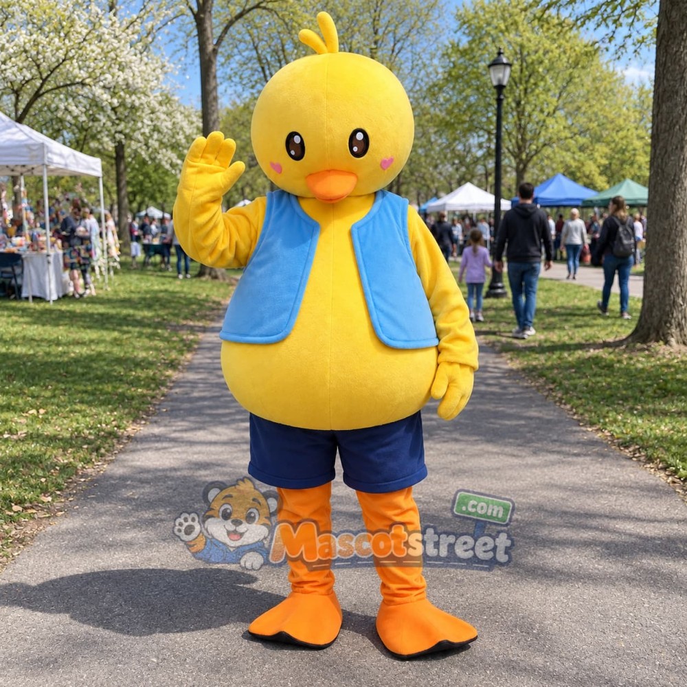 Yellow Duck Mascot Costume with Blue Vest and Navy Shorts