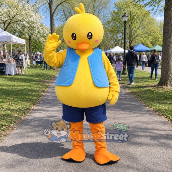 Yellow Duck Mascot Costume with Blue Vest and Navy Shorts