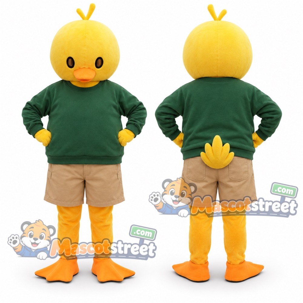 Yellow Duck Mascot Costume with Green Sweater and Tan Shorts