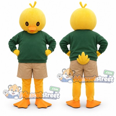 Yellow Duck Mascot Costume with Green Sweater and Tan Shorts