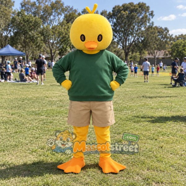 Yellow Duck Mascot Costume with Green Sweater and Tan Shorts