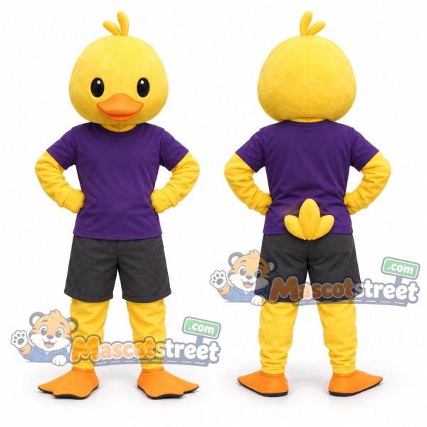 Yellow Duck Mascot Costume with Purple Shirt and Black Shorts