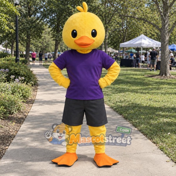 Yellow Duck Mascot Costume with Purple Shirt and Black Shorts