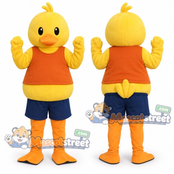 Yellow Duck Mascot Costume with Orange Vest and Navy Shorts