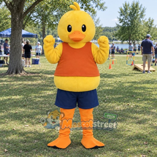Yellow Duck Mascot Costume with Orange Vest and Navy Shorts