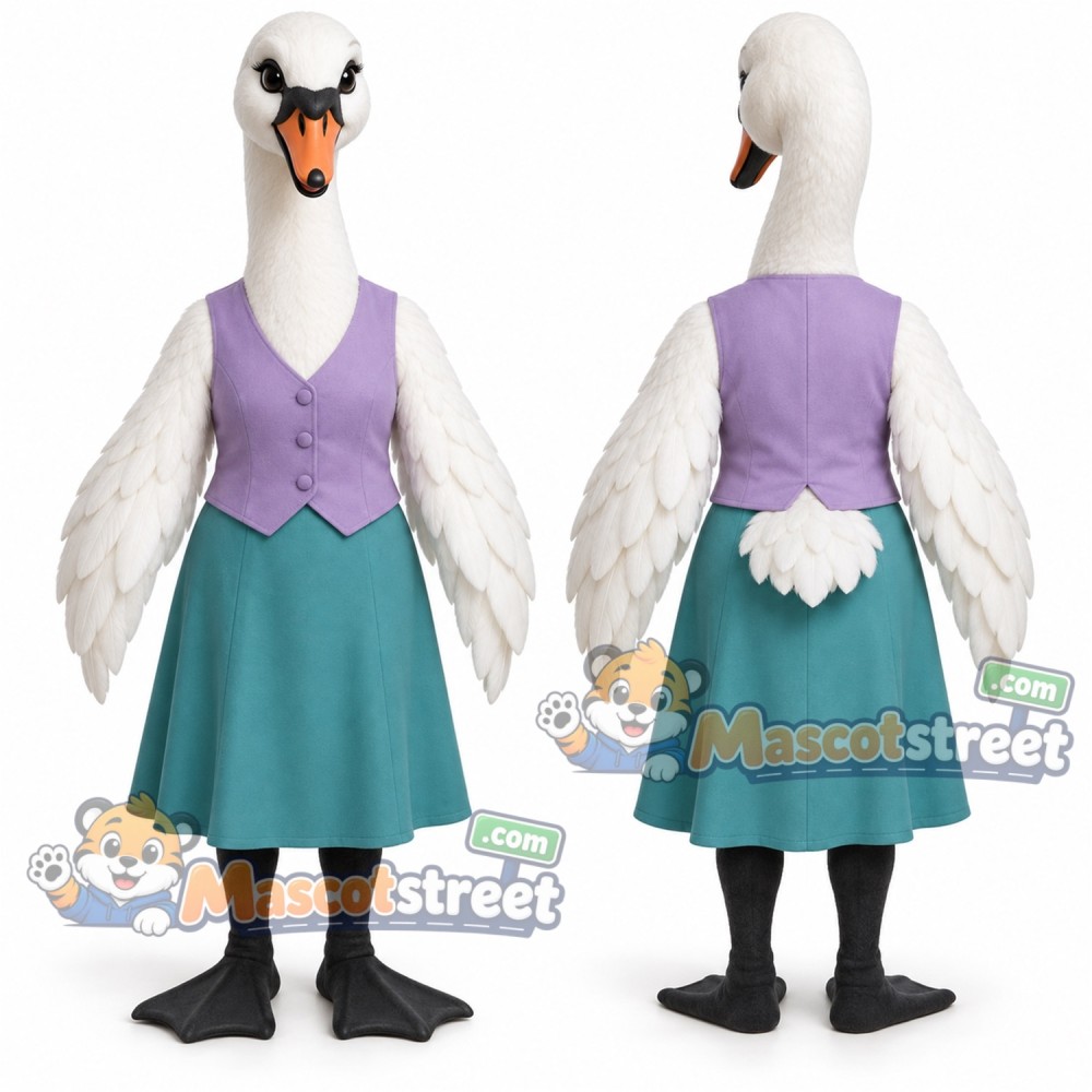 White Swan Mascot Costume with Lavender Vest and Teal Skirt