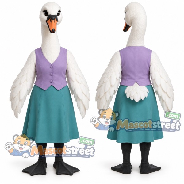 White Swan Mascot Costume with Lavender Vest and Teal Skirt