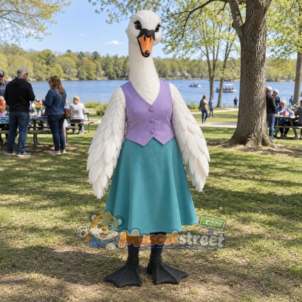 White Swan Mascot Costume with Lavender Vest and Teal Skirt