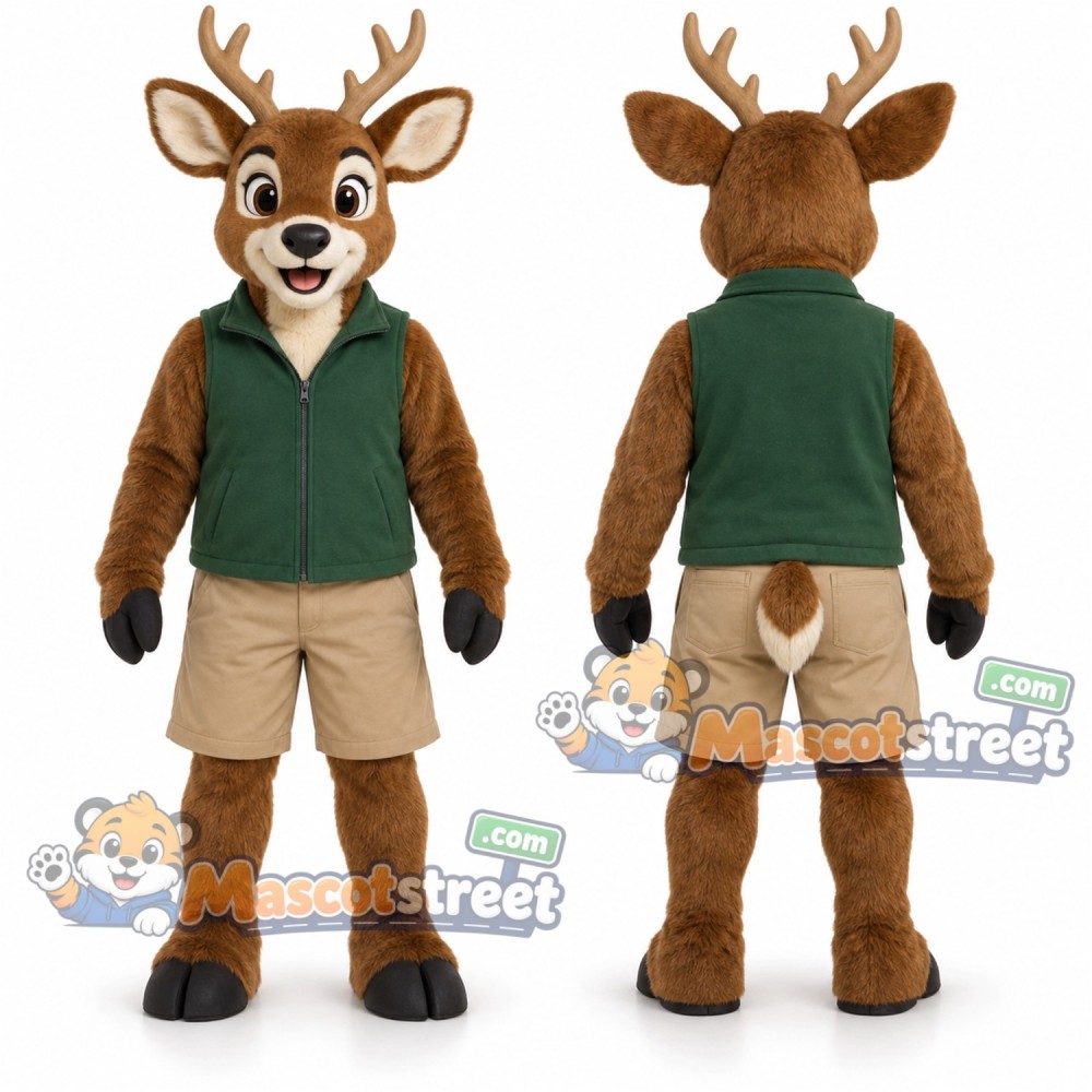 Brown Deer Mascot Costume with Green Vest and Tan Shorts Brown Deer Mascot Costume with Green Vest and Tan Shorts