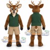 Brown Deer Mascot Costume with Green Vest and Tan Shorts