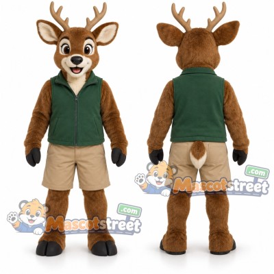 Brown Deer Mascot Costume with Green Vest and Tan Shorts Brown Deer Mascot Costume with Green Vest and Tan Shorts