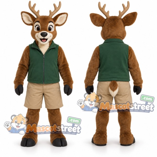 Brown Deer Mascot Costume with Green Vest and Tan Shorts