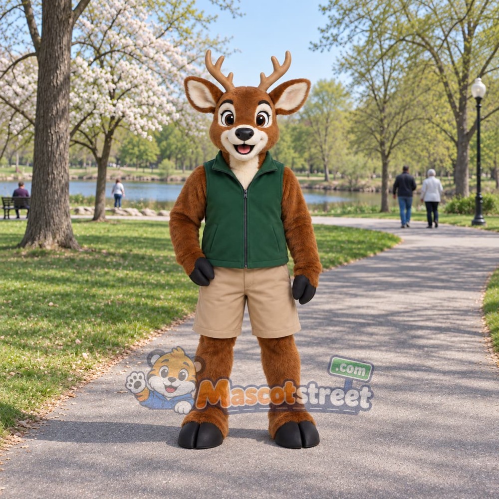 Brown Deer Mascot Costume with Green Vest and Tan Shorts Brown Deer Mascot Costume with Green Vest and Tan Shorts