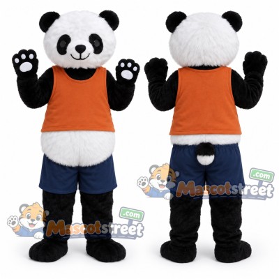 Panda Mascot Costume with Orange Vest and Navy Shorts Panda Mascot Costume with Orange Vest and Navy Shorts