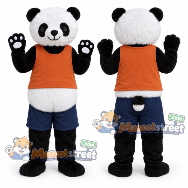 Panda Mascot Costume with Orange Vest and Navy Shorts