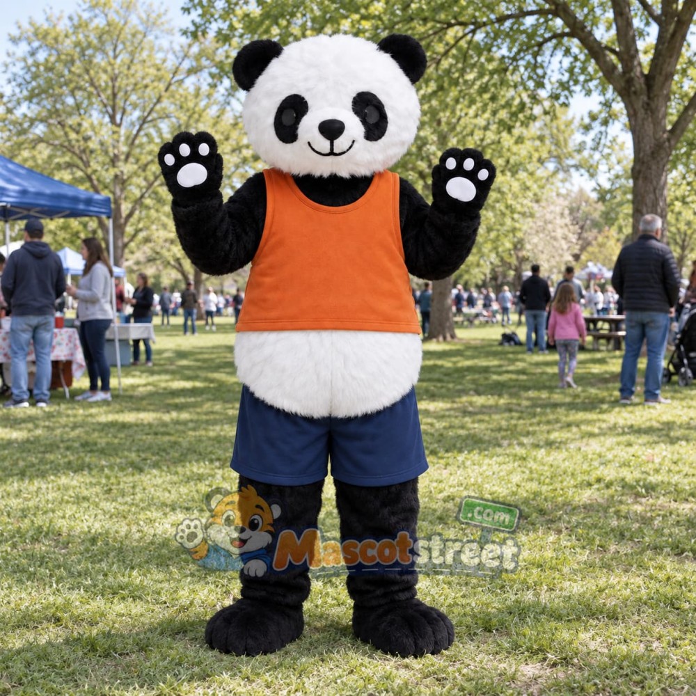 Panda Mascot Costume with Orange Vest and Navy Shorts Panda Mascot Costume with Orange Vest and Navy Shorts