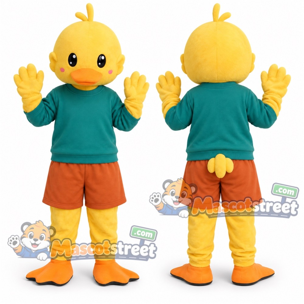 Yellow Duck Mascot Costume with Teal Shirt and Orange Shorts