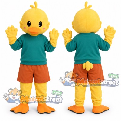 Yellow Duck Mascot Costume with Teal Shirt and Orange Shorts