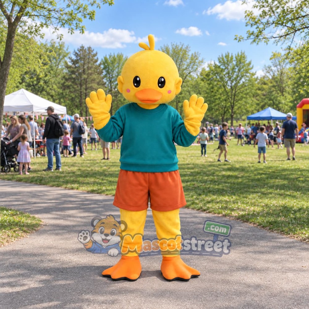 Yellow Duck Mascot Costume with Teal Shirt and Orange Shorts