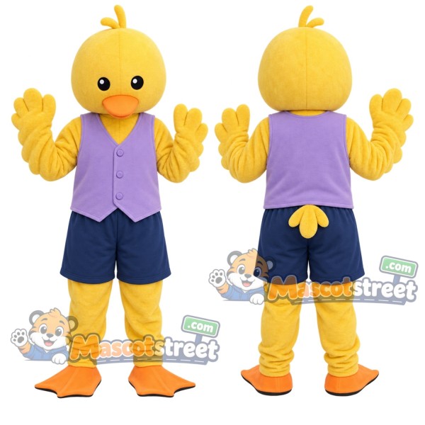 Yellow Duck Mascot Costume with Lavender Vest and Navy Shorts
