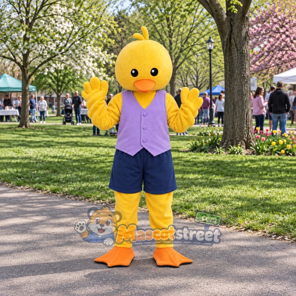 Yellow Duck Mascot Costume with Lavender Vest and Navy Shorts