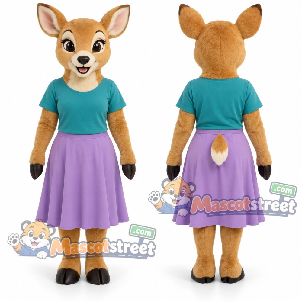 Tan Deer Mascot Costume with Teal Shirt and Lavender Skirt