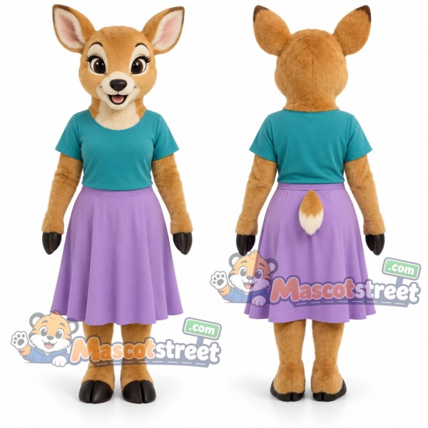 Tan Deer Mascot Costume with Teal Shirt and Lavender Skirt