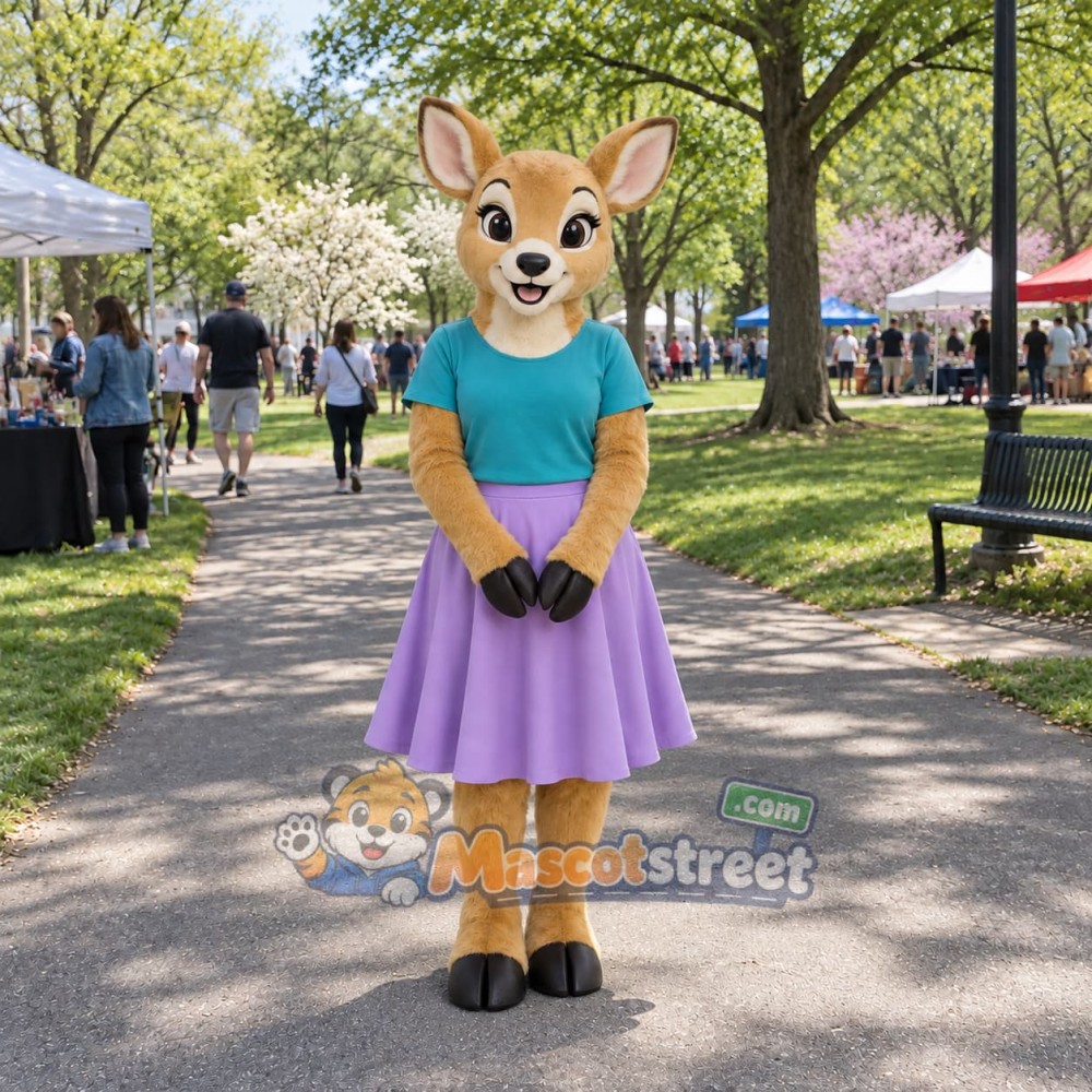 Tan Deer Mascot Costume with Teal Shirt and Lavender Skirt