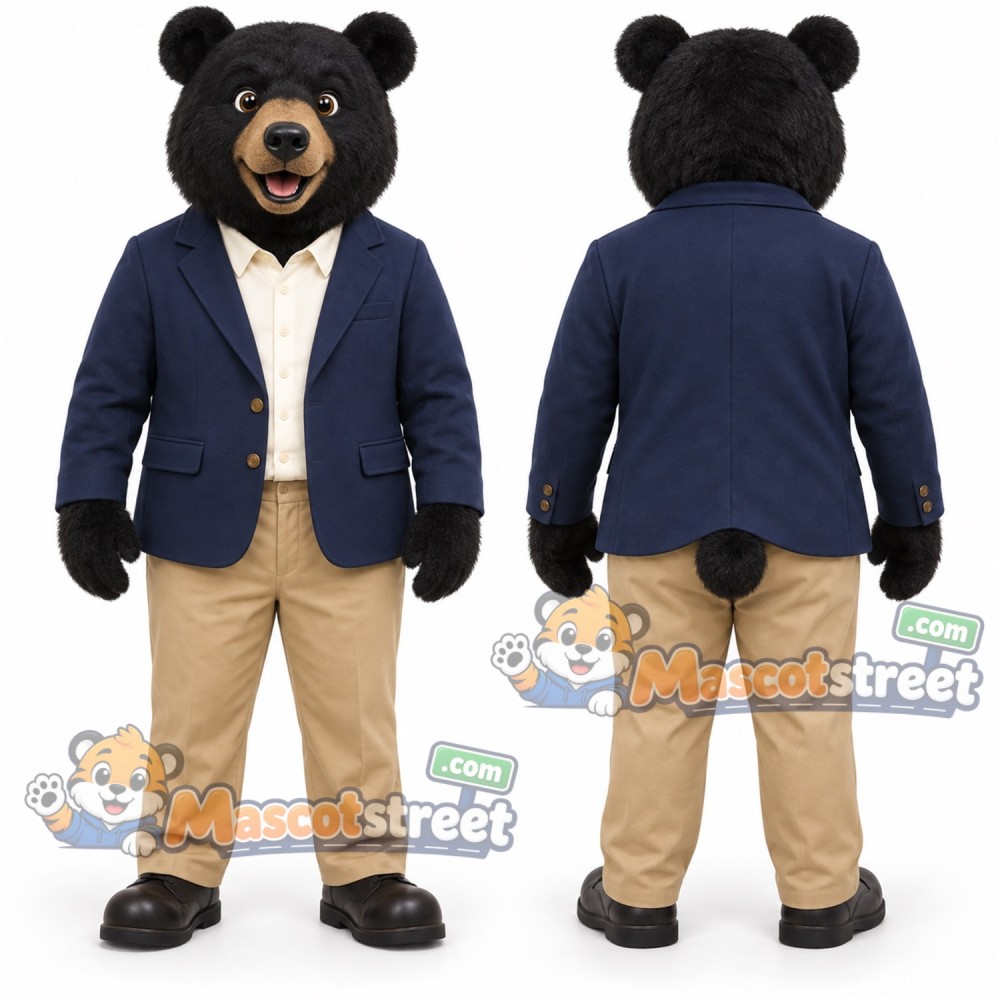 Black Bear Mascot Costume with Navy Blazer and Tan Trousers Black Bear Mascot Costume with Navy Blazer and Tan Trousers