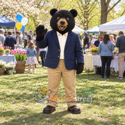 Black Bear Mascot Costume with Navy Blazer and Tan Trousers Black Bear Mascot Costume with Navy Blazer and Tan Trousers