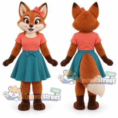 Orange Fox Mascot Costume with Coral Shirt and Teal Skirt Orange Fox Mascot Costume with Coral Shirt and Teal Skirt